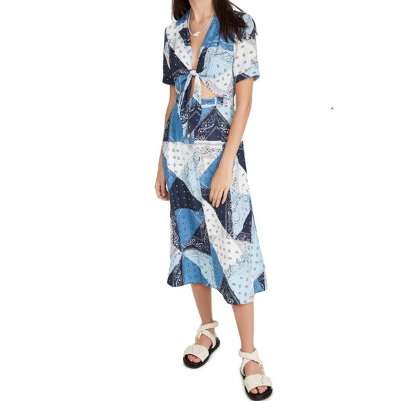 STAUD Giorgiana Tie‑Front Cutout Midi Dress – Blue Bandana Print – Size US 8 - Picture 4 of 11